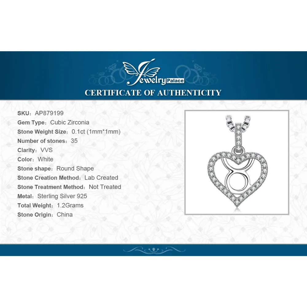 JewelryPalace Zodiac Constellation Taurus Heart Love 0.2ct Cubic Zirconia Pendant Necklace 925 Sterling Silver Without A Chain | Украшения