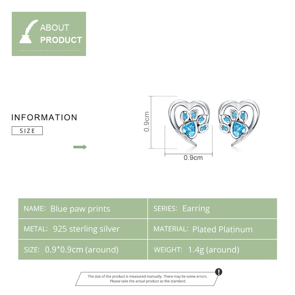 WOSTU Dog Paw Foot Heart серьги из 100% стерлингового серебра 925 пробы с синим цирконием для