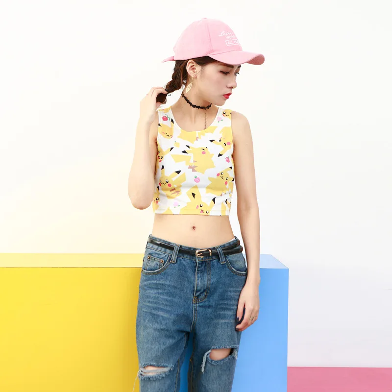Summer Harajuku Sexy Girls Navel Tank Top Pokemon Pocket Monster Pikachu Print Bustier Crop Tops Vest Camisole Short Shirt | Женская