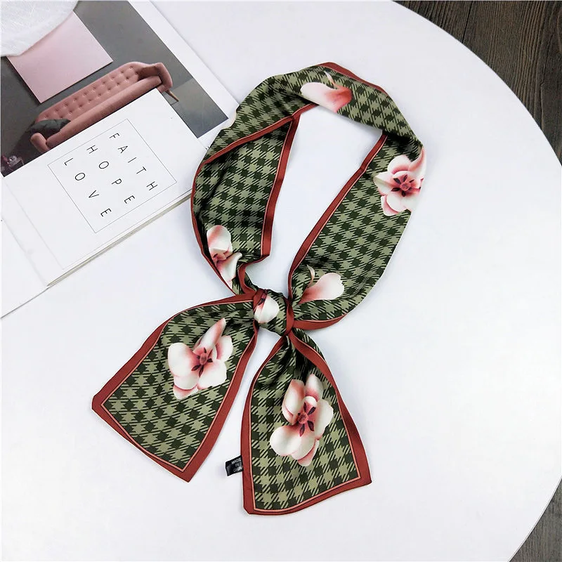 Spring Summer Retro Skinny Scarf Women Multicolor Flower Design Print Kerchief Woman Head Neck Satin Scarves Wraps | Аксессуары для