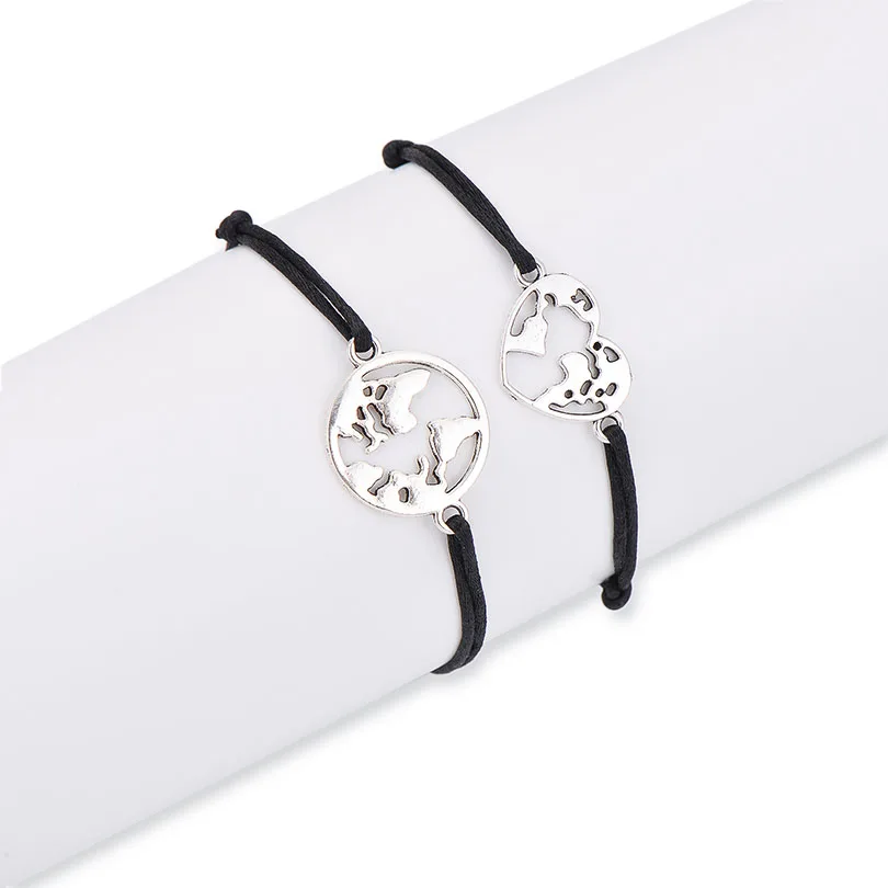 2pcs black-silver IYOE ручной работы плетеный шнур винтажные карты браслеты для женщин мужчин дети золотистый цвет, Круглый сердце карта мира браслет с шармом Дружба - Окраска металла: 2pcs black-silver