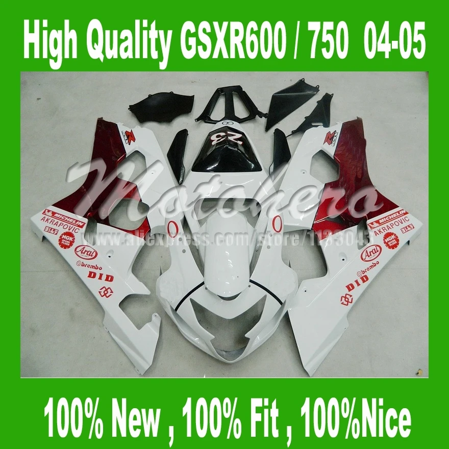 

for SUZUKI white red GSX-R750 GSXR 600 K4 GSX-R600 04 05 Fairing kits GSXR600 04 05 GSXR 750 K4 2004 05 fairings #244rf