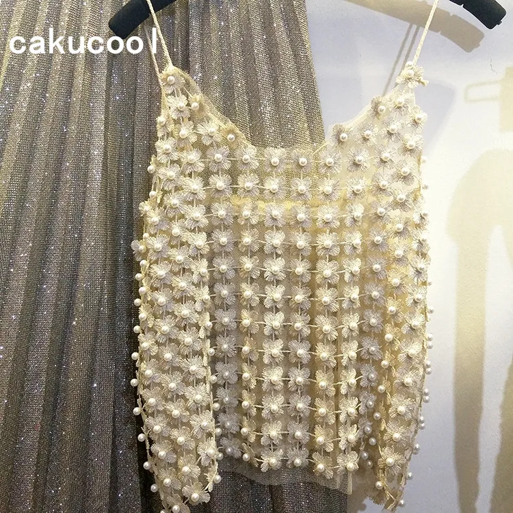 

Cakucool New Summer Tank Top Hollow Out Florals Pearl Beading Mesh Cute Sweet Camis Vest Lace spaghetti vintage clothing Women
