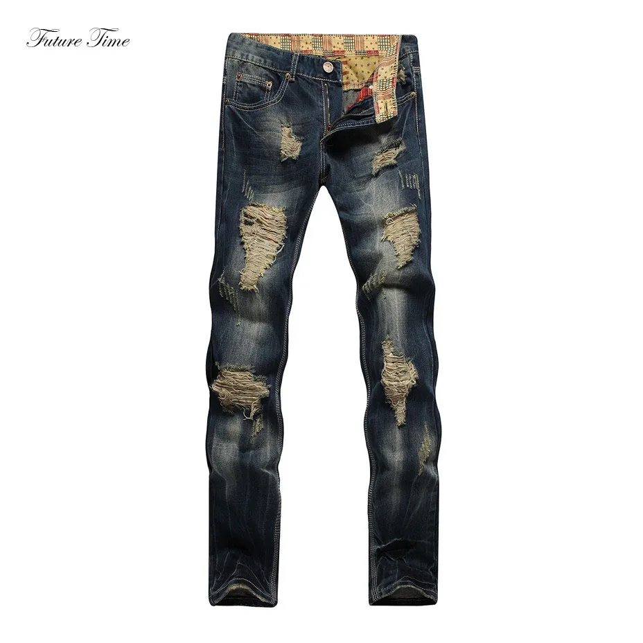 Мужские джинсы рваные для мужчин прямые винтажные потертые синие байкерские