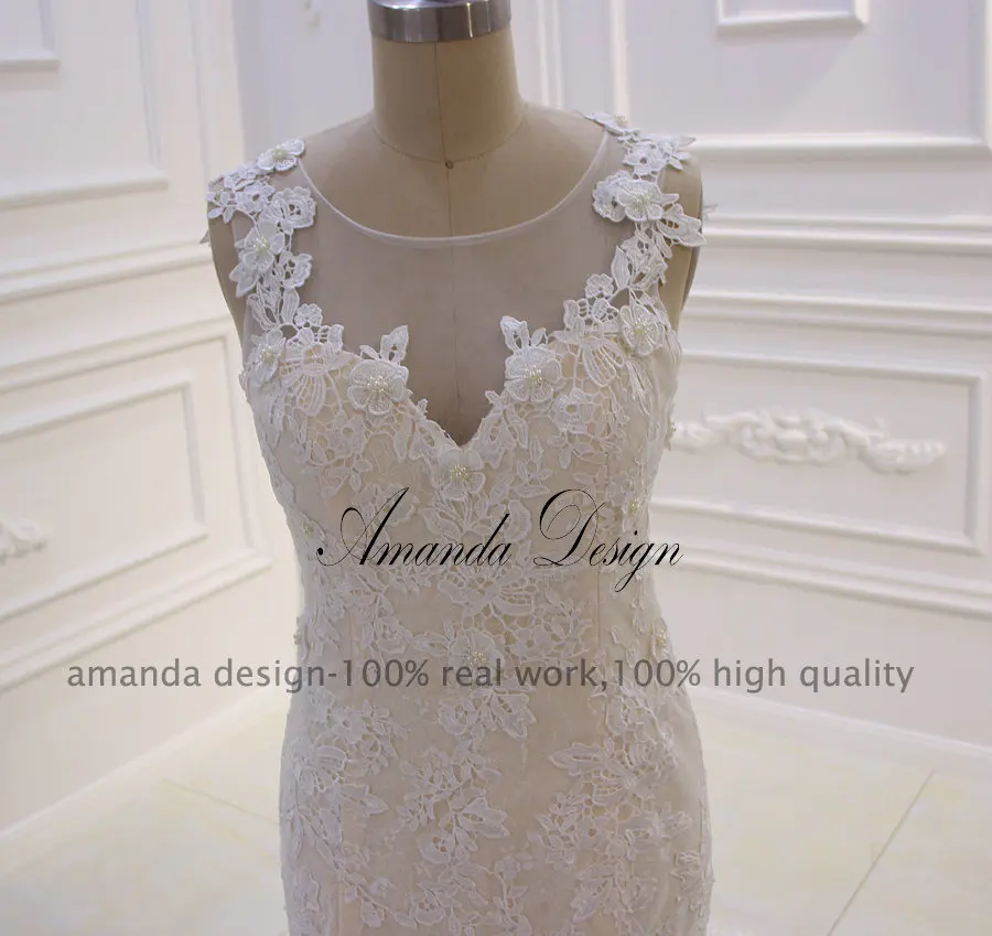 Аманда дизайн abiti da sposa с рукавом-крылышком Кружева Аппликация Шампанское Русалка свадебное платье