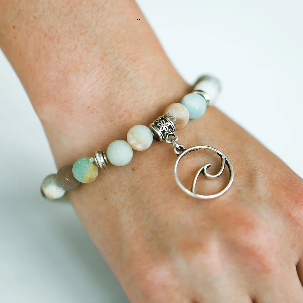 FineToo Vintage Matte Natural Stone Beads Wave Bracelets for Women Men Handmade Elastic Beaded Bracelet Ocean Beach Jewelry | Украшения и