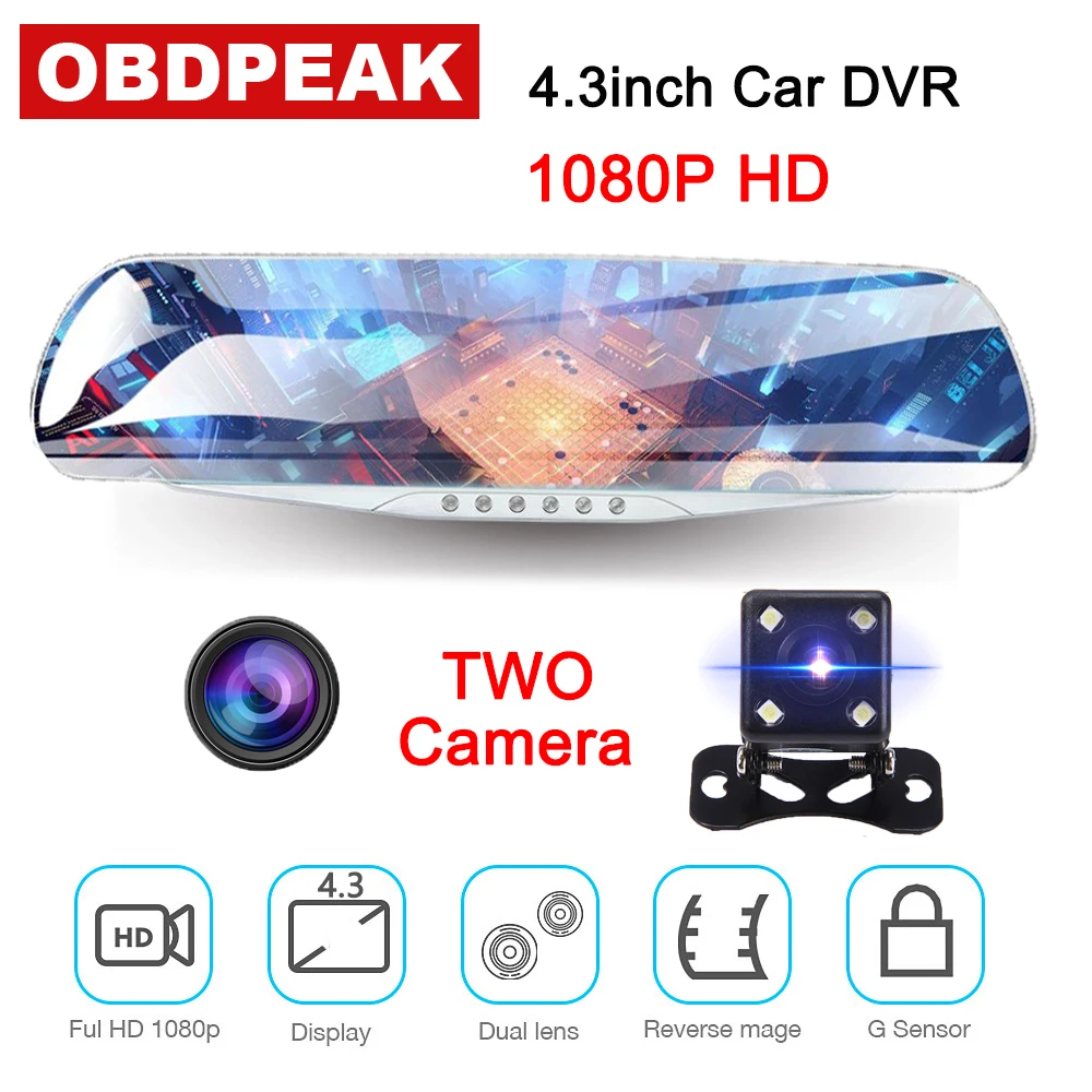 4,3 дюймов Dashcam Full HD 1080P Автомобильный видеорегистратор камера видео рекордер 170 градусов с двумя объективами с g-сенсором ночного видения парковочный монитор