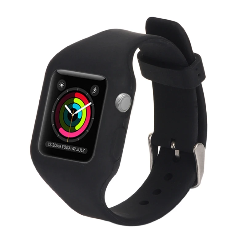Black Силиконовый ремешок для часов с защитным чехлом для Apple Watch 3 2 1 38 мм 42 мм черный мягкий ремешок для часов gai - Цвет ремешка: Black