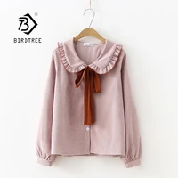 2019 new solid ruched button up blouse ribbon lace up long sleeve peter pan collar shirt sweet girls loose plus size top t93904f