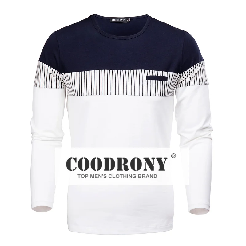 COODRONY Футболка мужская весна осень новая футболка с длинным рукавом и круглым вырезом Мужская брендовая одежда модная Лоскутная хлопковая футболка Топы 7622