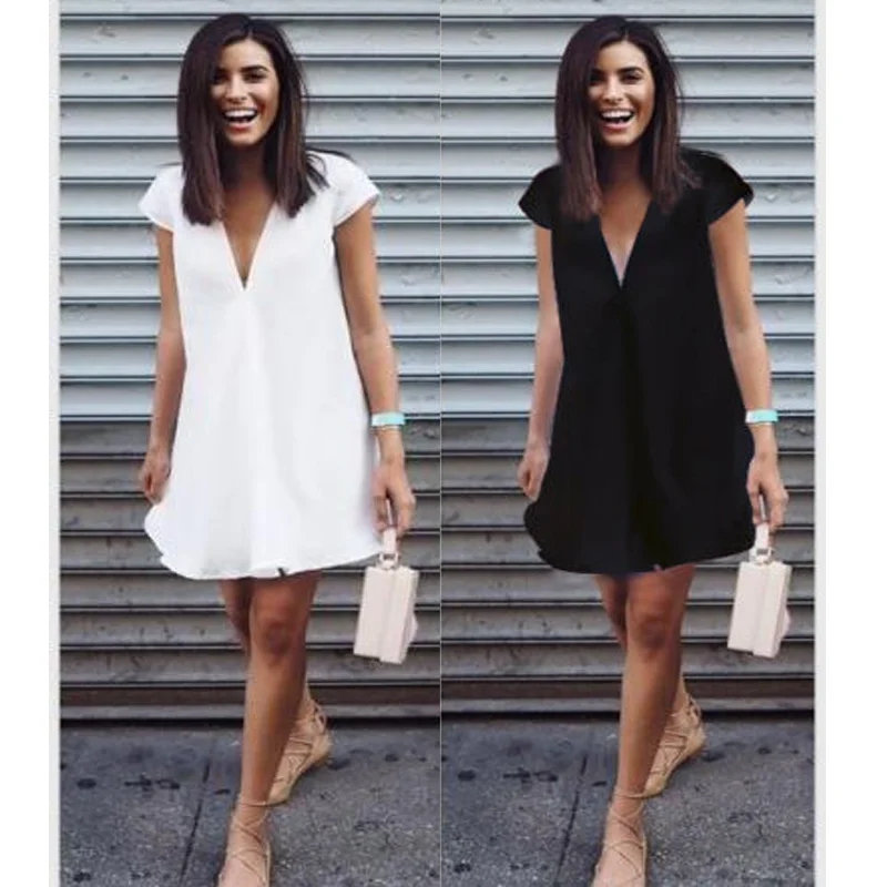 Женский летний свободный Однотонный сарафан с глубоким V образным вырезом