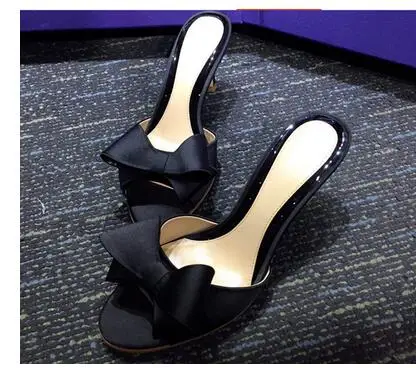 Heel 4.5cm Милые женские туфли без шнуровки с шелковым бантом-бабочкой; шлепанцы без застежки на каблуке «рюмочка»; атласные модельные повседневные уличные сандалии; femme - Цвет: Heel 4.5cm
