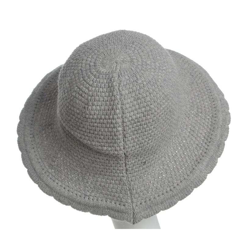 

Lady Bucket Hats Autumn Winter yarn knitted Bucket caps Lotus leaf Brim knitted Bucket caps Pure color Foldable women Bucket Hat