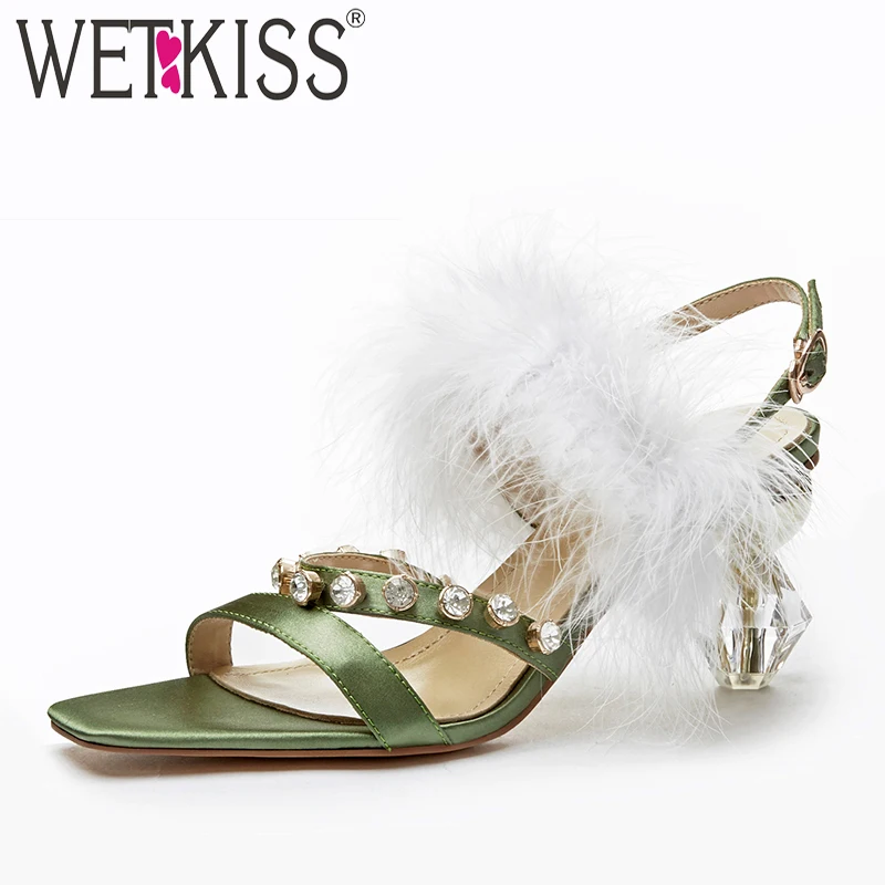 WETKISS Satin Strange Style Sandals Women Summer High Heels Sandals Female Crystal Shoes Woman Feather Party Luxury Shoes Ladies
