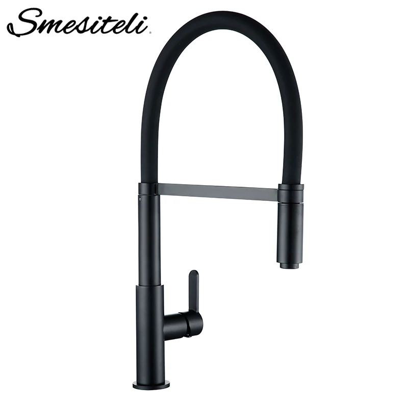 

Smesiteli Kitchen Faucets Round Matte Black Brass Single Handle Single Hole 360 Degree Swivel Mixer Sink Tap Pull Out Down Taps