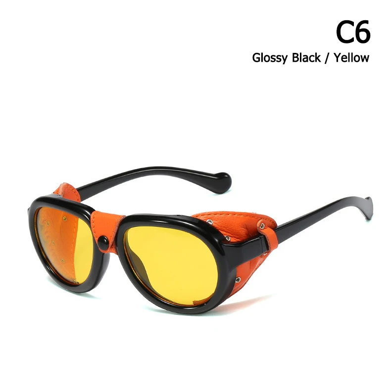 C6 Black Yellow JackJad, Модные Винтажные Солнцезащитные очки в стиле стимпанк, в стиле панк, кожаные, с боковой защитой, фирменный дизайн, солнцезащитные очки Oculos De Sol 95209 - Цвет линз: C6 Black Yellow