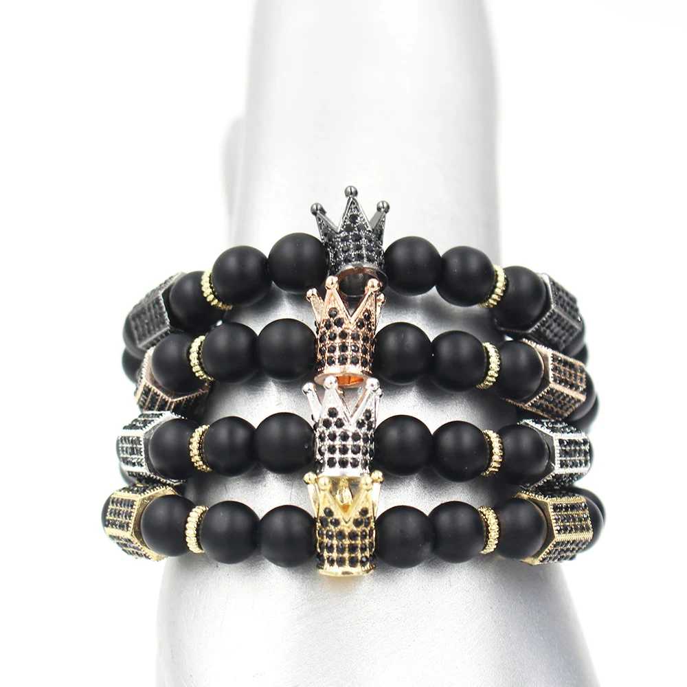 Модные черные, белые бусины из камня Howlite, золотые, сплав, Хрустальная корона, шестигранный браслет, наборы для женщин и мужчин, Парные браслеты, ювелирные изделия