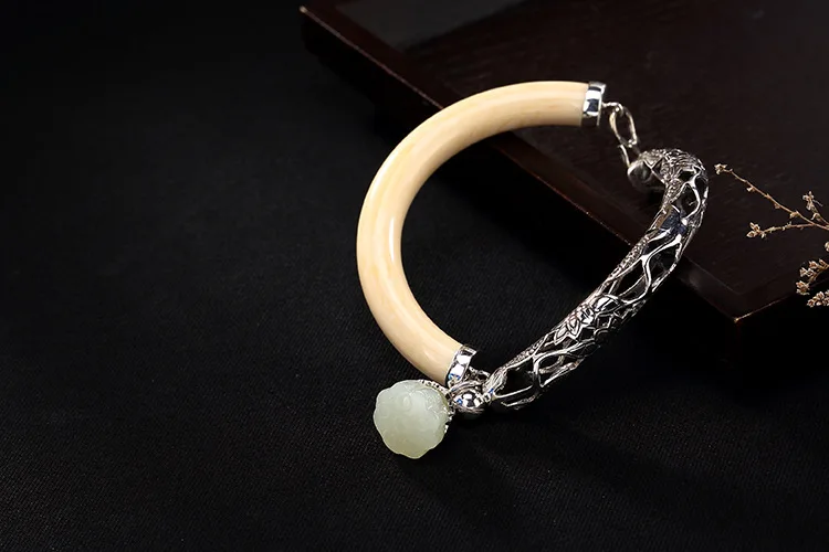 Серебро S925 чистый серебряный карп, лотос кокосовое дерево фруктовая мозаика и натуральный Хотан нефрит Лотос женский Высококачественный Браслет оптом