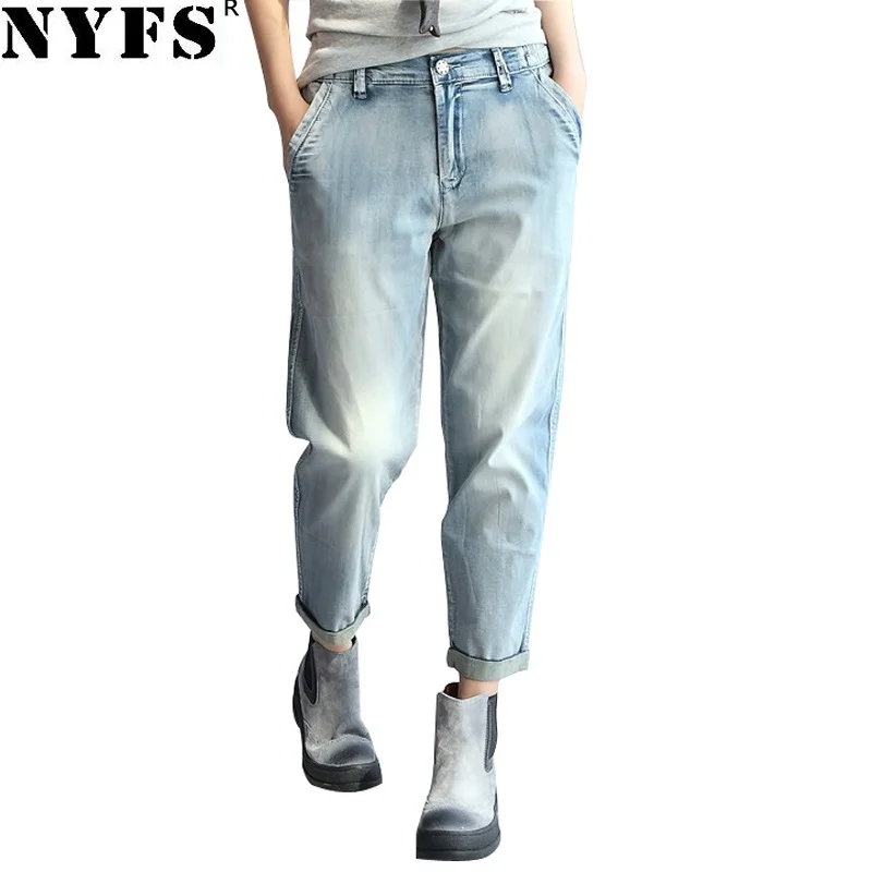 

NYFS 2022 New Summer Woman Jeans loose korea Washed Pants Vintage Elastic Denim Nine Trousers