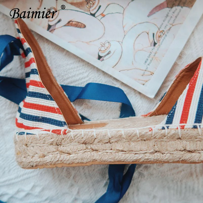 Baimier/летние парусиновые эспадрильи Женские полосатые сандалии на плоской