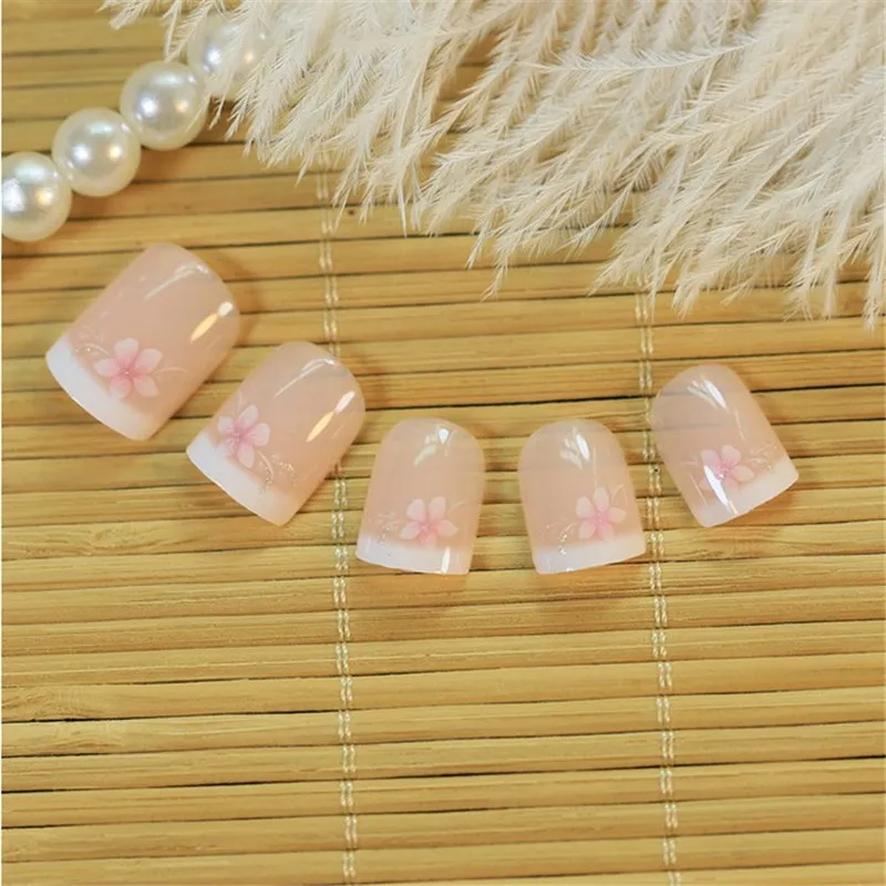 Hot Sale 24 Pcs Acrylic french false nails tips Pink With glue Pattern Fake Nails artistic Cover Nail Art Tips Salon free | Красота и