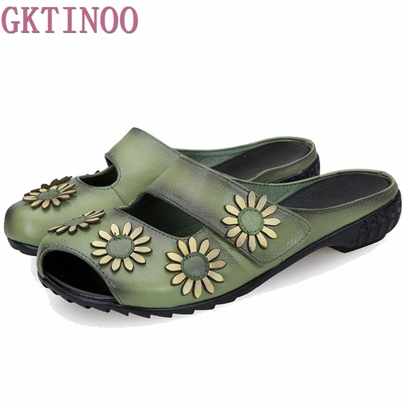 2018 женская обувь из натуральной кожи в этническом стиле тапочки на плоской