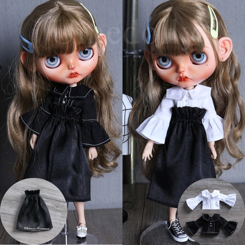1 шт. Ретро черная атласная юбка для Blythes, OB24, Azone S кукольная одежда Blyth Кукла одежда бабочка рукав рубашка аксессуары