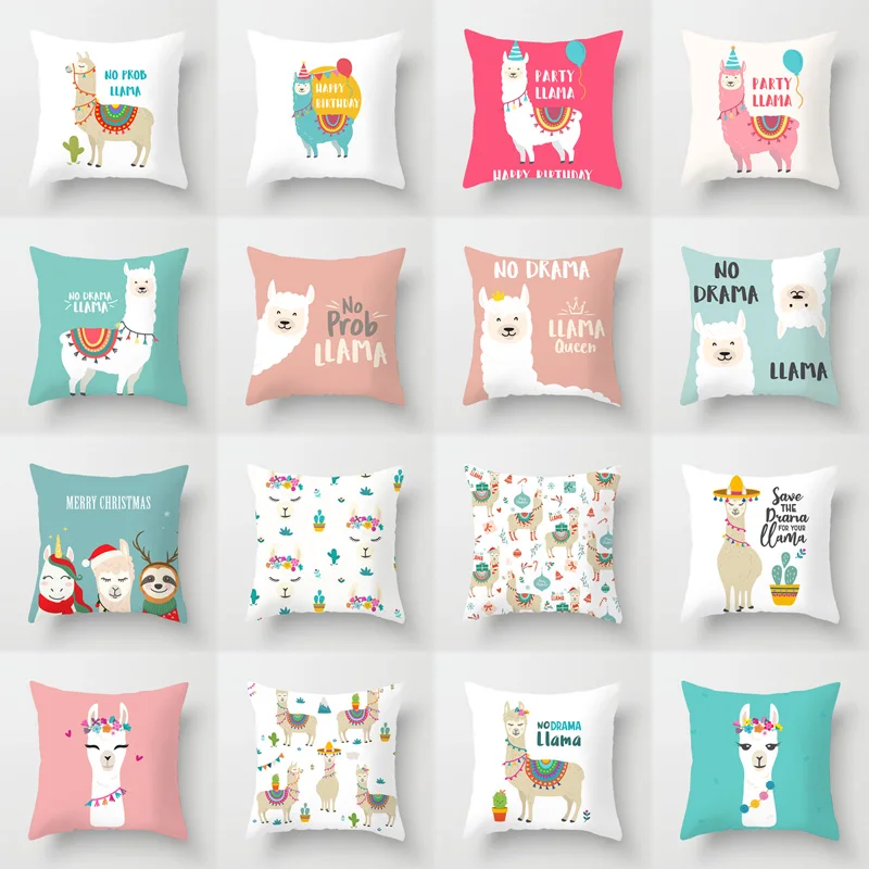 

YWZN Cute Cartoon Alpaca Decorative Pillowcase Creative Alpaca Throw Pillow Case Polyester Printing Pillow Cover kussensloop