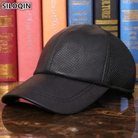 siloqin new spring summer mesh ventilation baseball caps mens genuine leather hat adjustable size sheepskin leather brand cap
