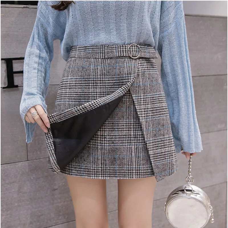 blue plaid Необычная осенне-зимняя шерстяная юбка трапециевидной формы с высокой талией, клетчатые мини юбки, женские шерстяные сапожки, короткие юбки, faldas mujer moda - Цвет: blue plaid