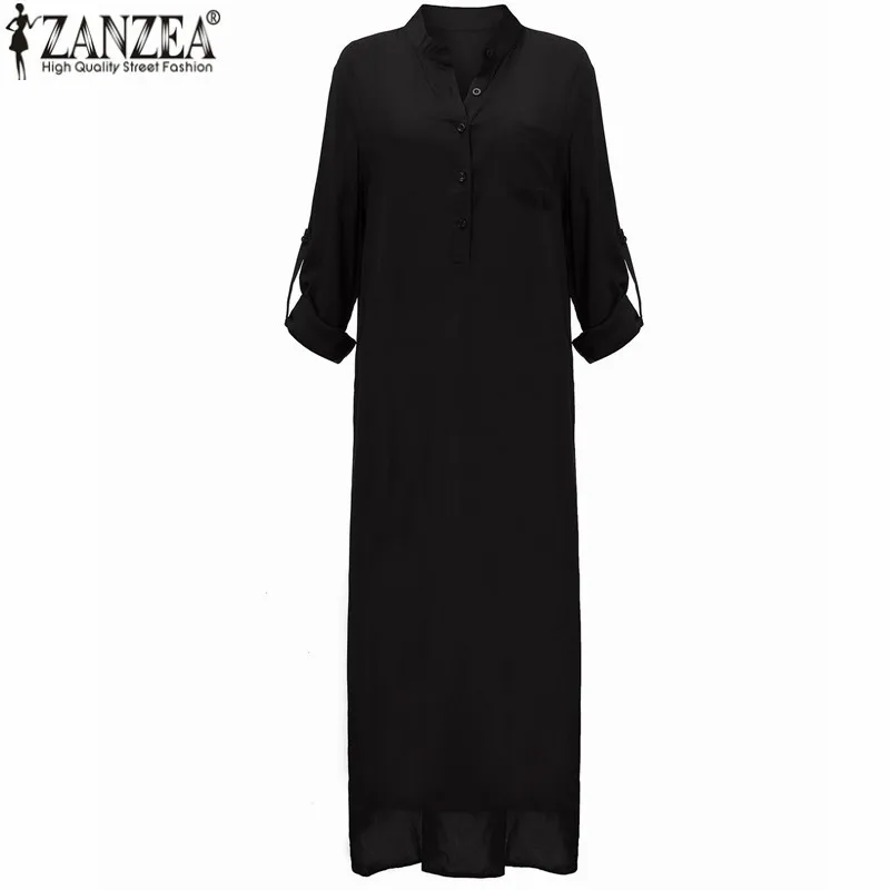 Zanzea Мода Vestidos осеннее женское сексуальное Повседневное платье с длинным рукавом глубокий v-образный вырез с разрезом Сплошное Длинное Платье Макси