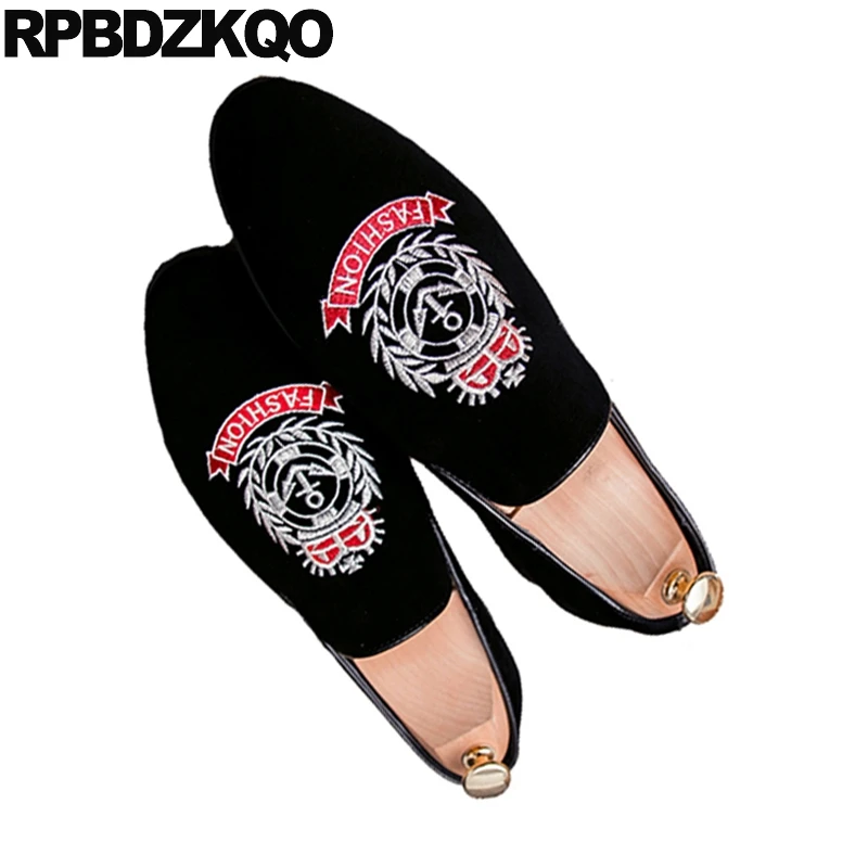 Embroidery Large Size Smoking Slippers Pointed Toe Loafers Runway Italian Mens Shoes Brands European Pointy Party Black Velvet | Обувь