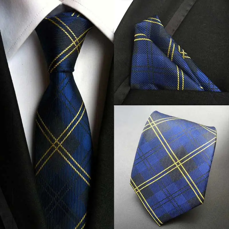 HOT 8cm Men Silk Tie Striped plaid Necktie Handkerchief Set Luxury Neck Ties Men's Classic Party Wedding Pocket Square Sets |