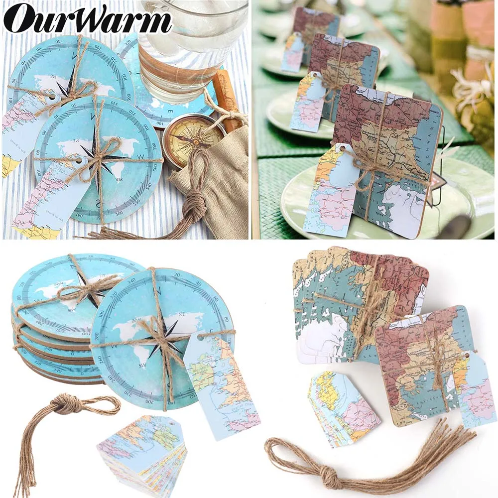 OurWarm 5Pcs Nautical Wedding Gifts for Guest World Maps Compass Absorbent Cork Coasters with Tag Travel Theme Souvenirs | Дом и сад