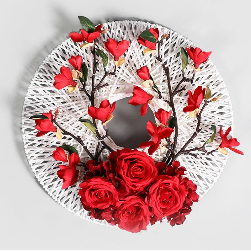 Large Round Rose Magnolia Hydrangea Artificial Combination Fake Flower Wreath for Home DIY Wedding Decor Handmade Winding Crafts | Дом и сад