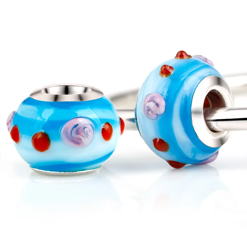 10 шт./партия небесно голубая стеклянная бусинки с розовым цветком серебристые