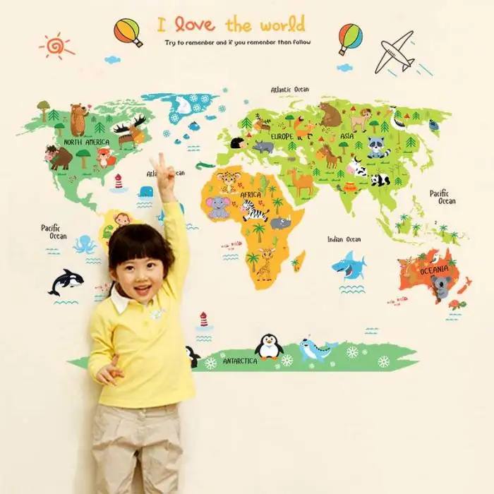 Cartoon Safari Animals World Map Nursery Wall Stickers for Kids Room Decoration Letters Global Maps E2S