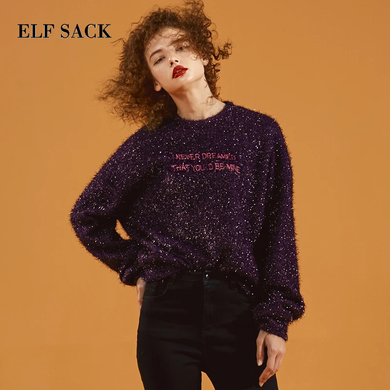 ELFSACK, зимний теплый женский свитер, Повседневный, с круглым вырезом, с буквенным принтом, новинка, женские пуловеры, Полная ручная вязка, большой размер, стильный женский свитер