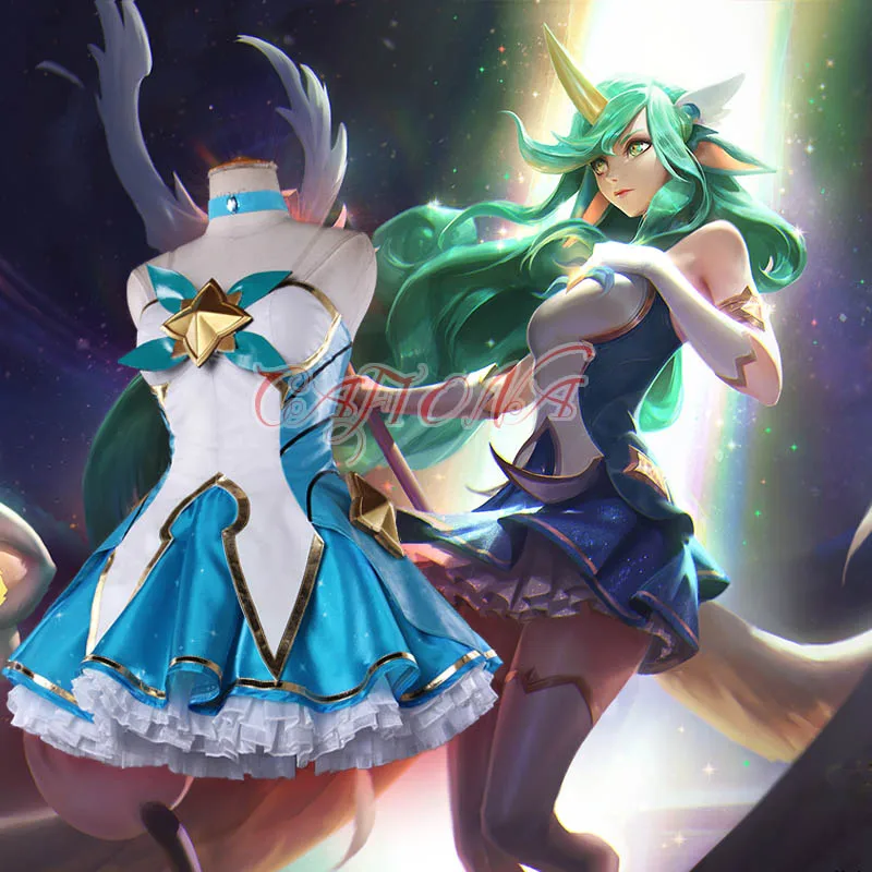 

Cafiona Hot Game LOL Guardian Soraka Cosplay Costume Sexy Girls Dress Shinny Blue Skirt