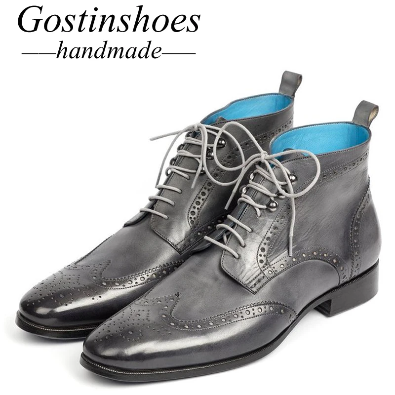 GOSTINSHOES/ботинки с перфорацией типа «броги» ручной работы Goodyear; мужские мотоциклетные ботинки из натуральной кожи; армейские рабочие и защитные ботинки на шнуровке с острым SCT44-47