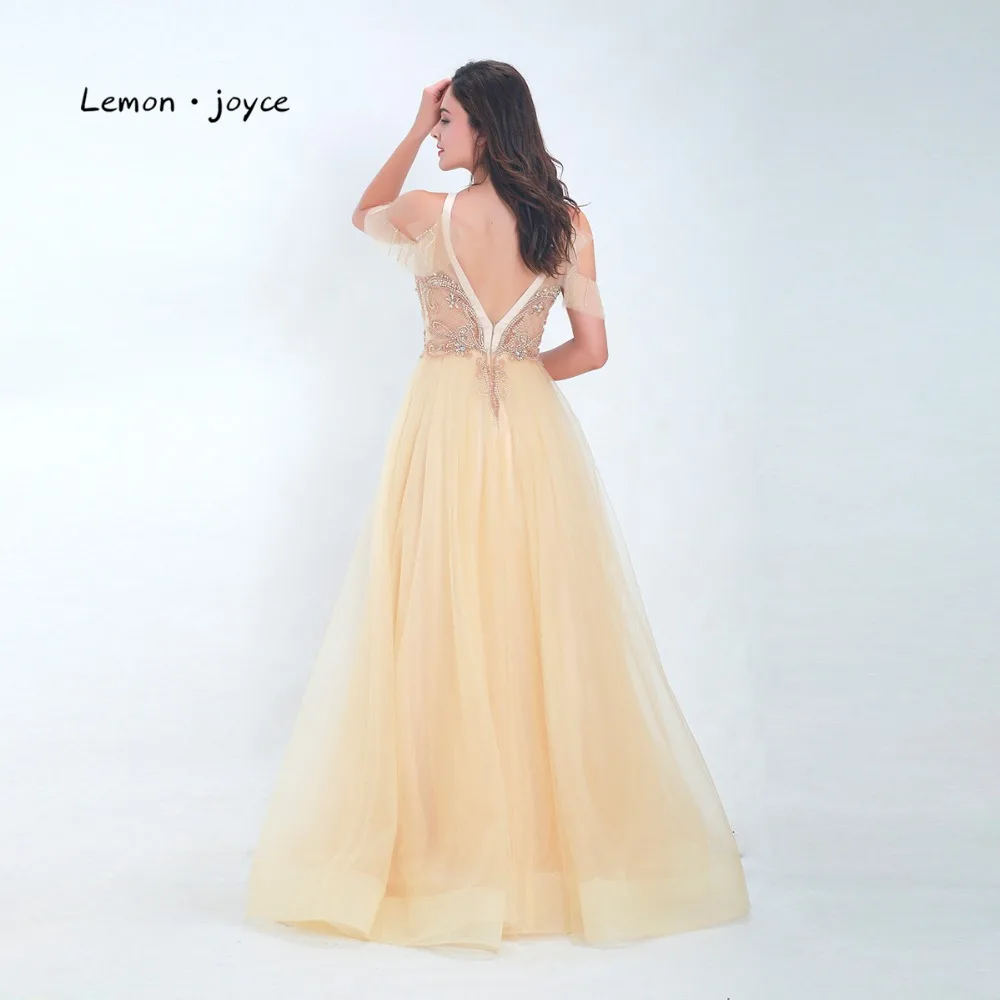 Lemonjoyce Elegant Champagne Evening Dress 2020 New Style O-Neck Top beading Illution A Line Floor Length Lady Prom Party Gown | Свадьбы и