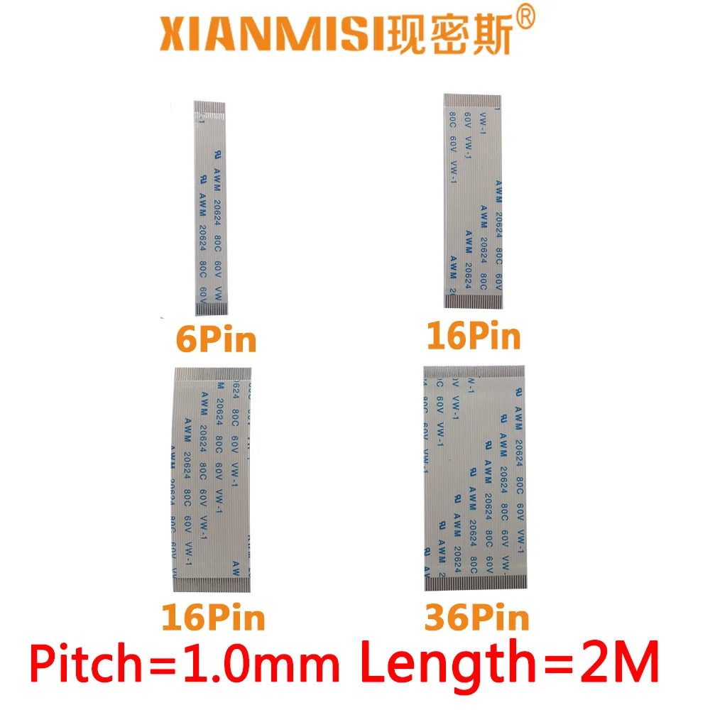 

FFC/FPC Flat Flex Ribbon Cable 6Pin 16Pin 26Pin 36Pin Same Side 1.0mm Pitch AWM VW-1 20624 20798 80C 60V Length 2Meter 5PCS