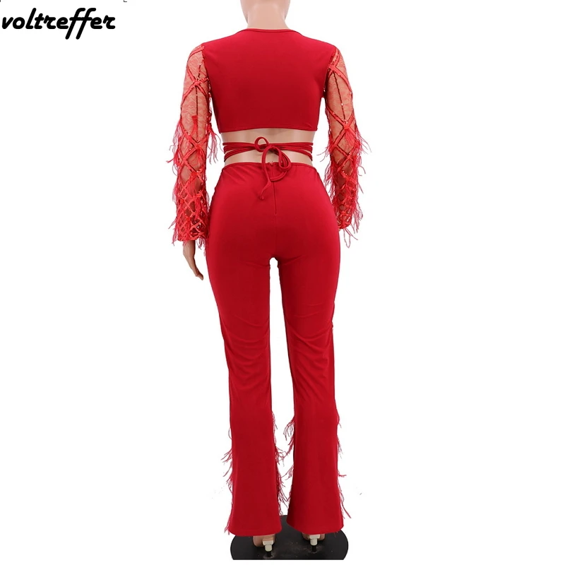 Flare Sleeve Ribbons Lace Up Crop Top Wide Leg Long Pants Two Piece Set See Through Glitter Outfits Sexy Sweat Suit Tassels 2019 | Женская