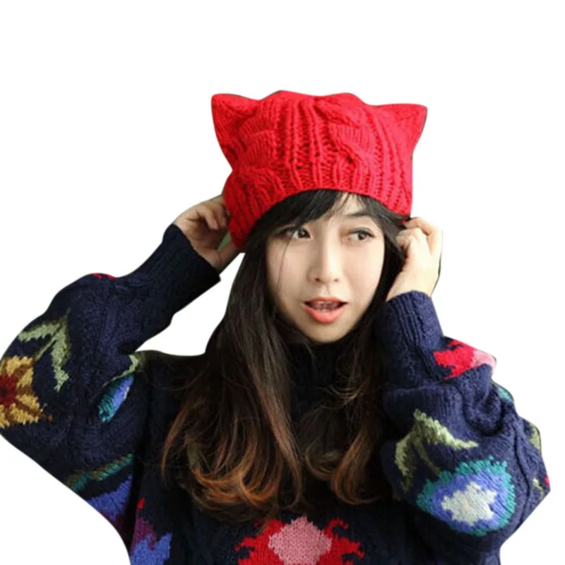 Laamei Women Beanie Devil Horns Winter Cat Ear Crochet Braided Knit Wool Cap Hat Woem Knitted Harajuku Kawaii Ears | Аксессуары для