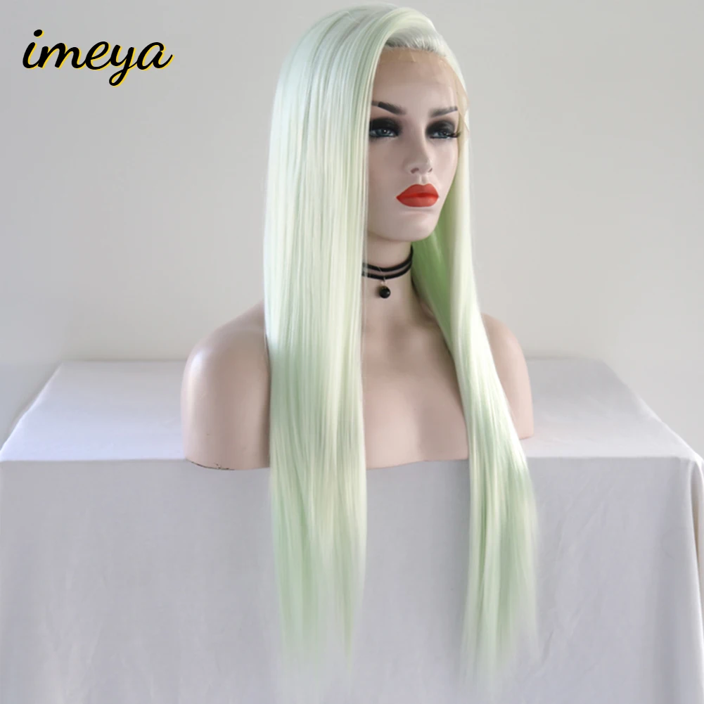 Imeya Long Silky Straight Light Green Color Synthetic Lace Front Wigs 26Inch Side Part With High Bangs Heat Resistant Fiber Hair