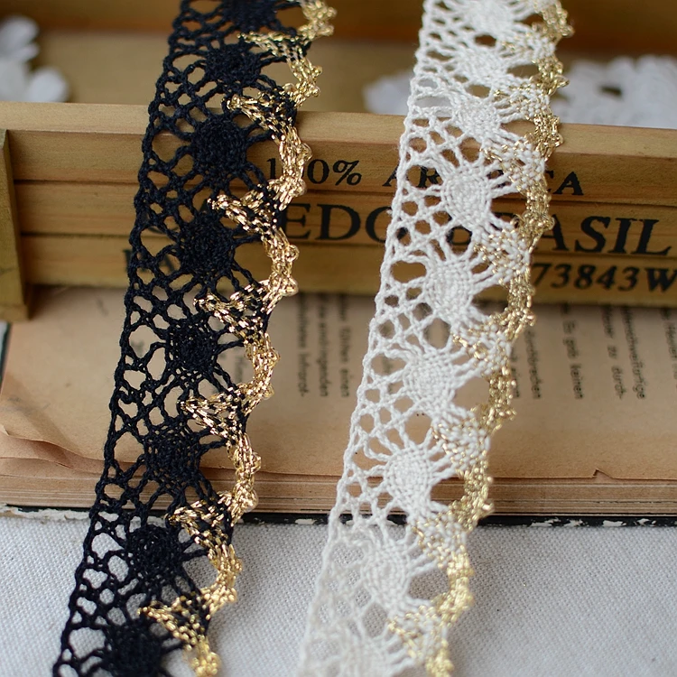 2.7CM Zakka Style Cotton Lace Sewing Tape, Gold+beige/black Lace Webbing, Cluny Lace Trim