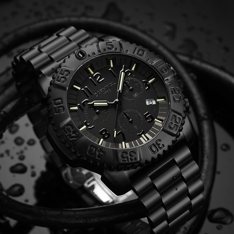 Мужские спортивные водонепроницаемые часы Tritium Luminous черные со стальным ремешком