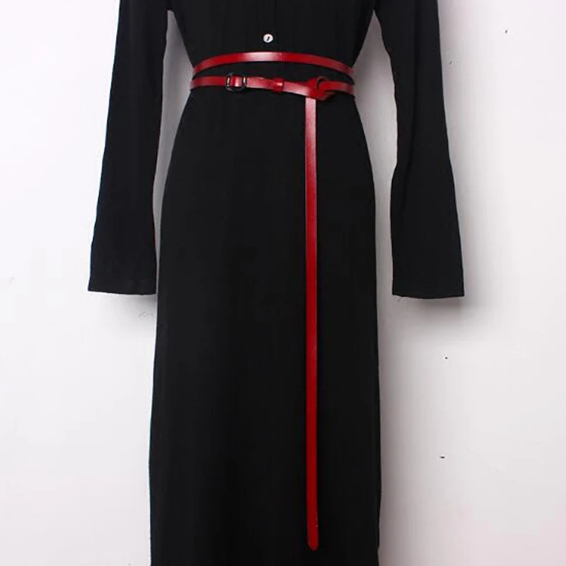 

2019 fashion elegant Genuine Leather Belt Women long Cowhide Strap Female metal Round Buckle Leather Dress Thin Belts For Women