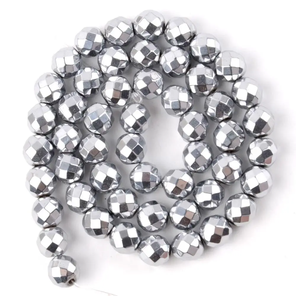 Faceted Silver Натуральный розовый золотой черный гематит камень бусины аксессуары 4 мм-10 мм Сердце Круглый Шарм бусины для самостоятельного изготовления ювелирных изделий Браслеты 15" - Цвет: Faceted Silver