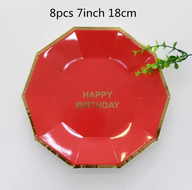 8pcs 7inch red С Днем Рождения одноразовая посуда мятный зеленый тарелка золотые соломинки ребенка 1-й День рождения декоративный для Бэйби шауэра вечерние принадлежности - Цвет: 8pcs 7inch red